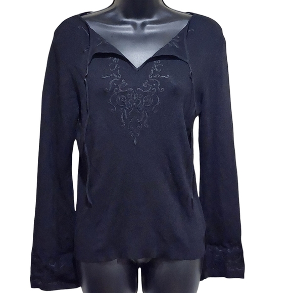 Worthington Womens Black Knit Keyhole Tie Front Embroidered Bell Sleeve Size Med - Picture 1 of 7